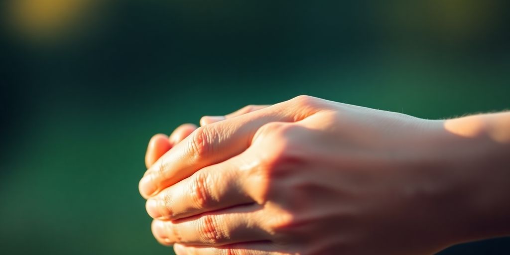 Two hands clasped, warm light, soft focus.