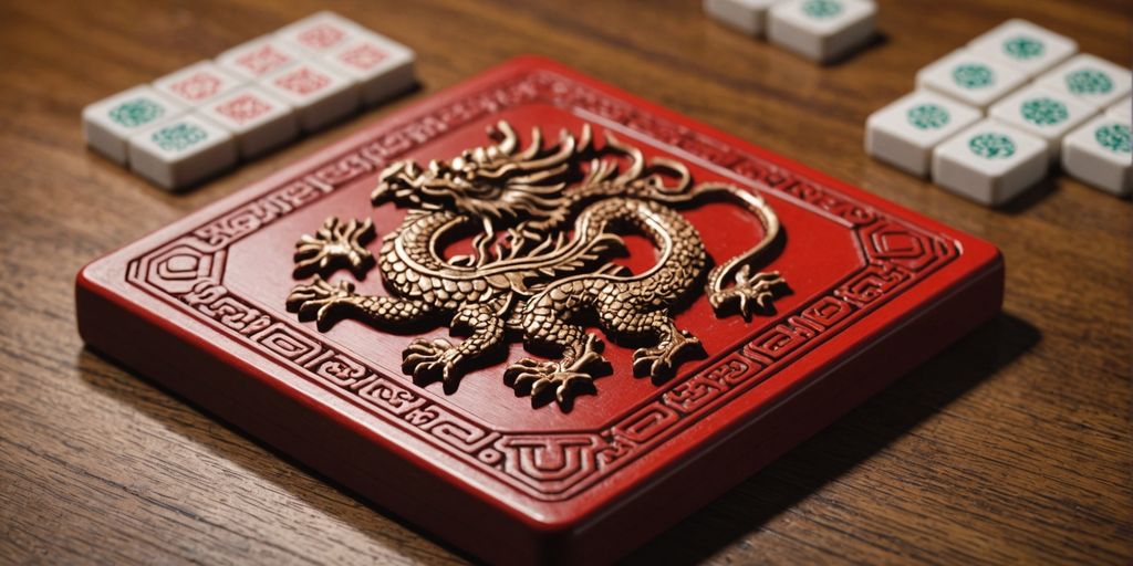 Red Dragon Mahjong tile on wooden table.