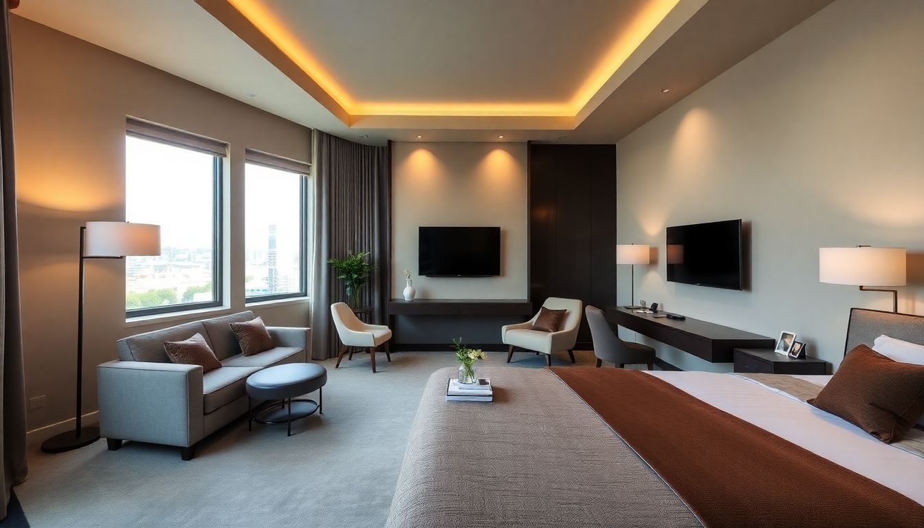 Stylish boutique hotel room with modern furnishings and decor.