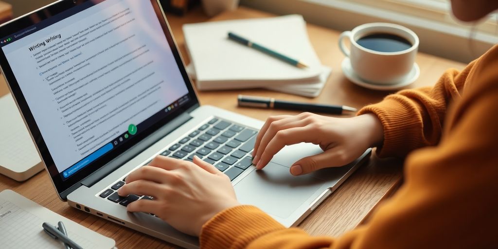 Person typing on laptop with notebooks and coffee.