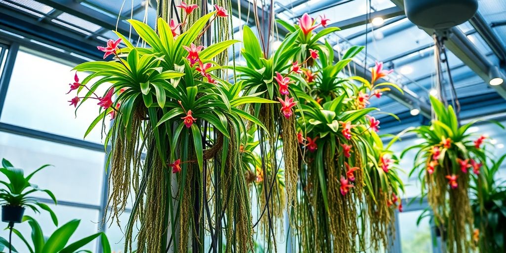 Epífitas amazónicas creciendo en sistema aeropónico vertical.