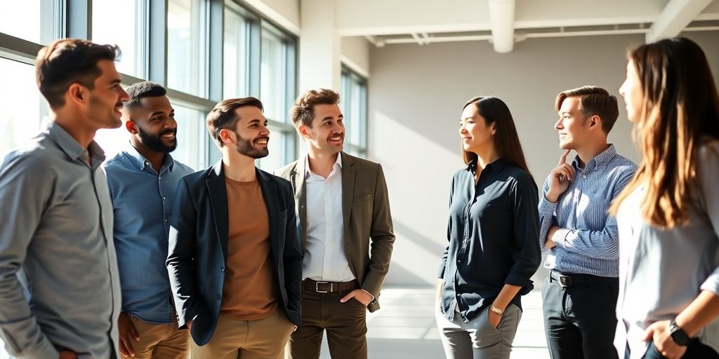 Diverse professionals in smart casual office attire.