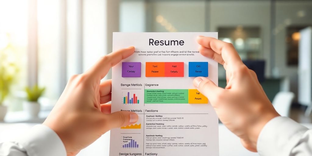 A person crafting a resume with performance metrics.