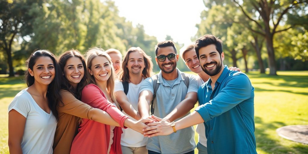 Group of people smiling in a sunny park.