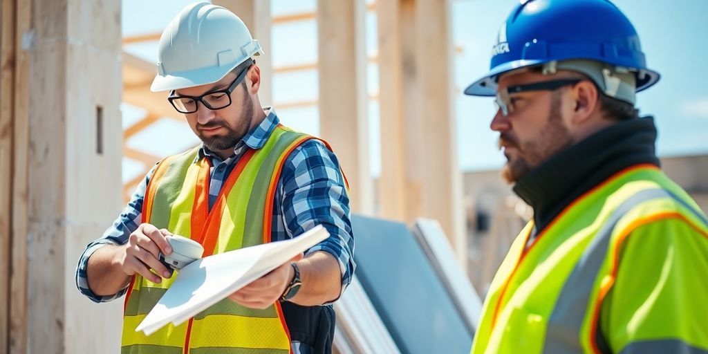Construction workers inspecting a building site.