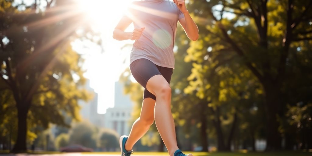 Person exercising outdoors, early morning sun.