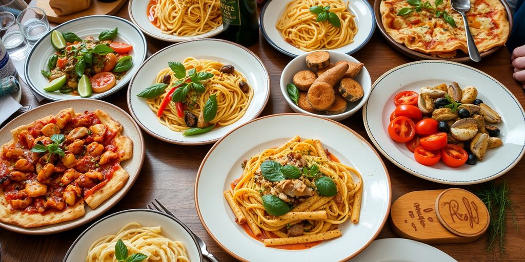 Italian dishes including pasta, pizza, seafood, and fresh vegetables