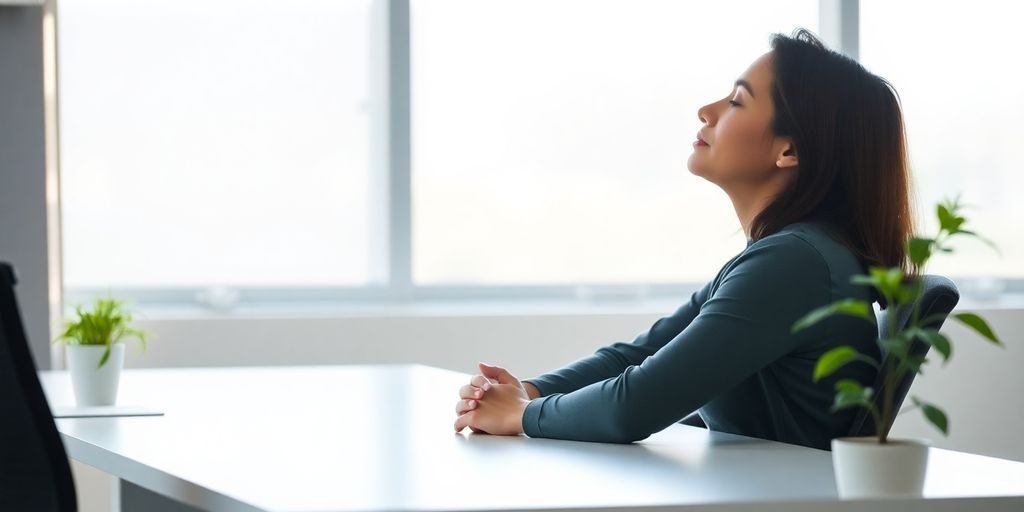 Person meditating calmly in a modern office.