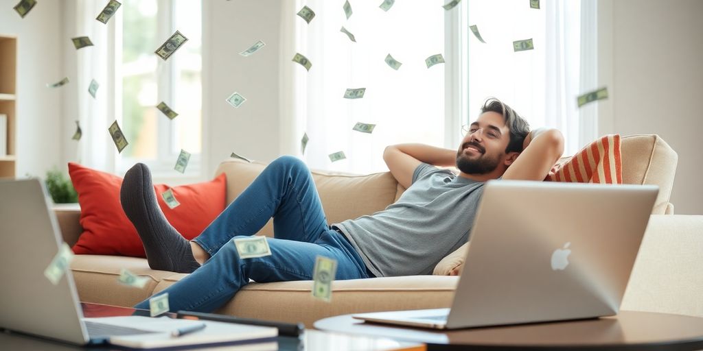 Person relaxing, money falling, laptop open, bright room.