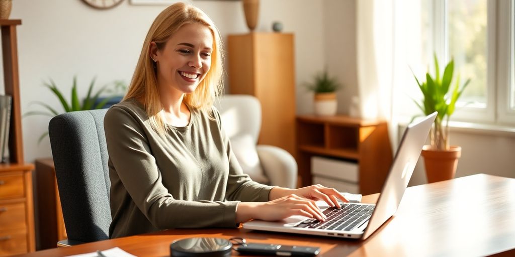 Woman smiling while working on a laptop