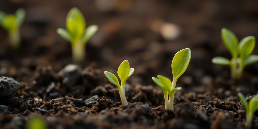 Close-up of tiny green seedlings sprouting from dark soil.