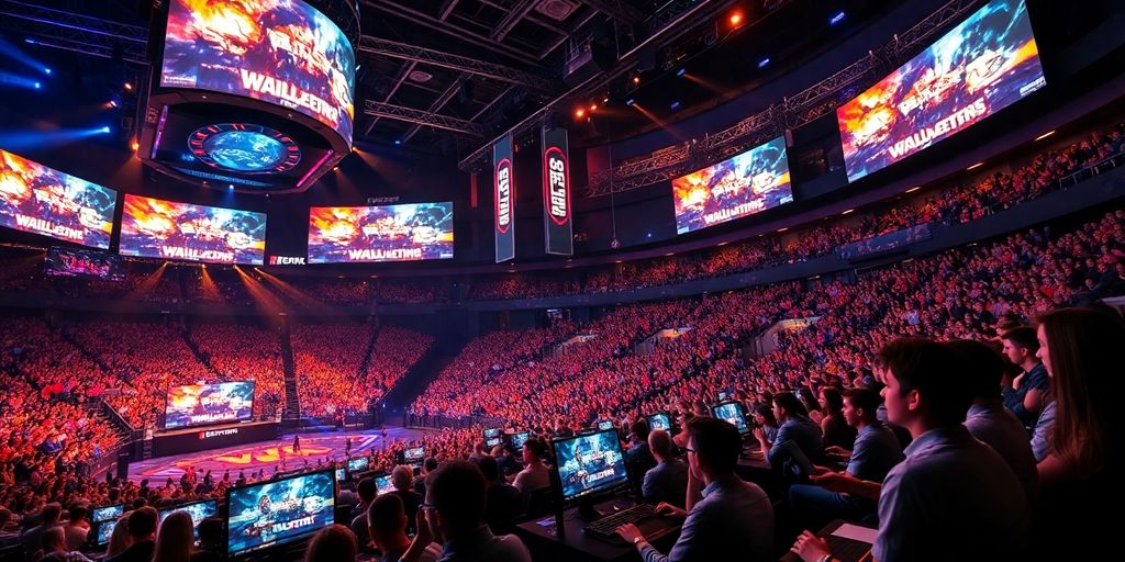 Esports arena filled with fans and professional gamers.