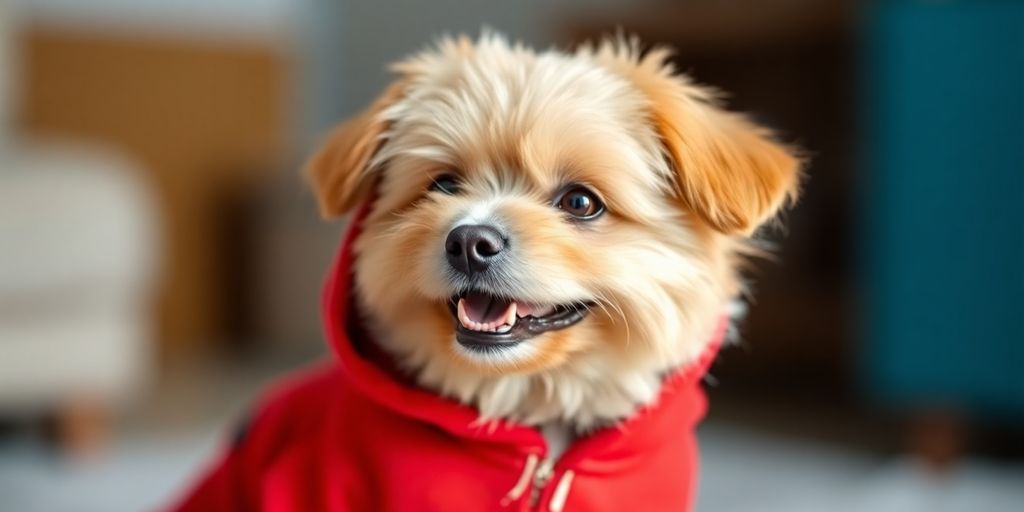 A fluffy dog wearing a red hoodie.