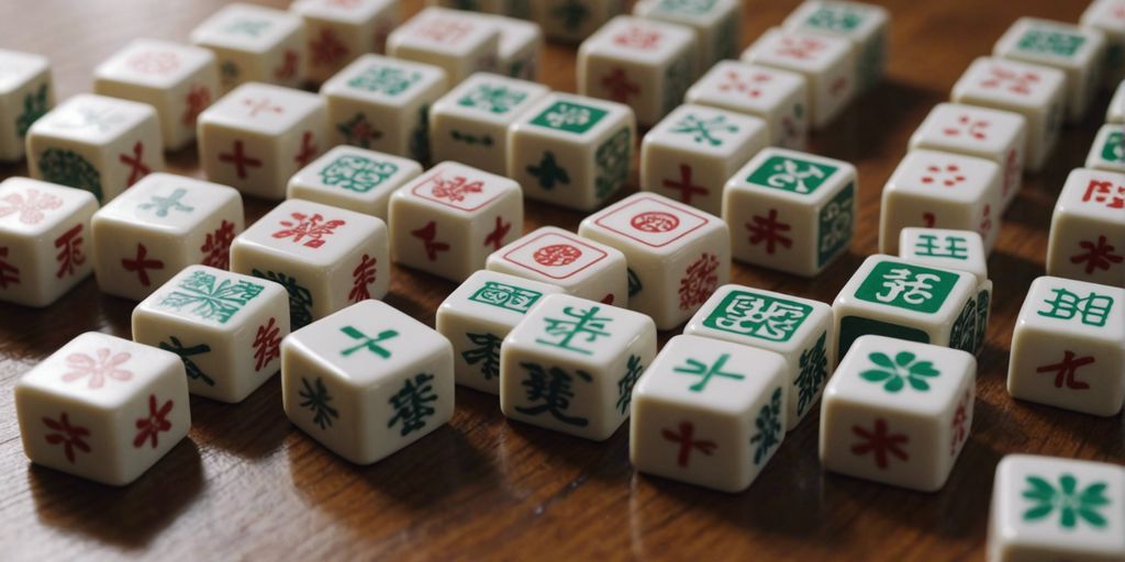 Close-up of various Mahjong tiles arranged neatly on a wooden table, showcasing different symbols and characters.