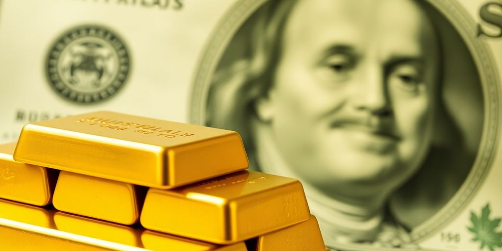 Barres d'or avec un dollar en arrière-plan flou.