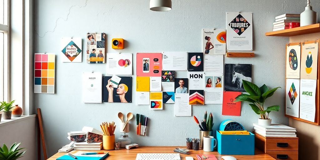 Colorful workspace with design tools and mood boards.