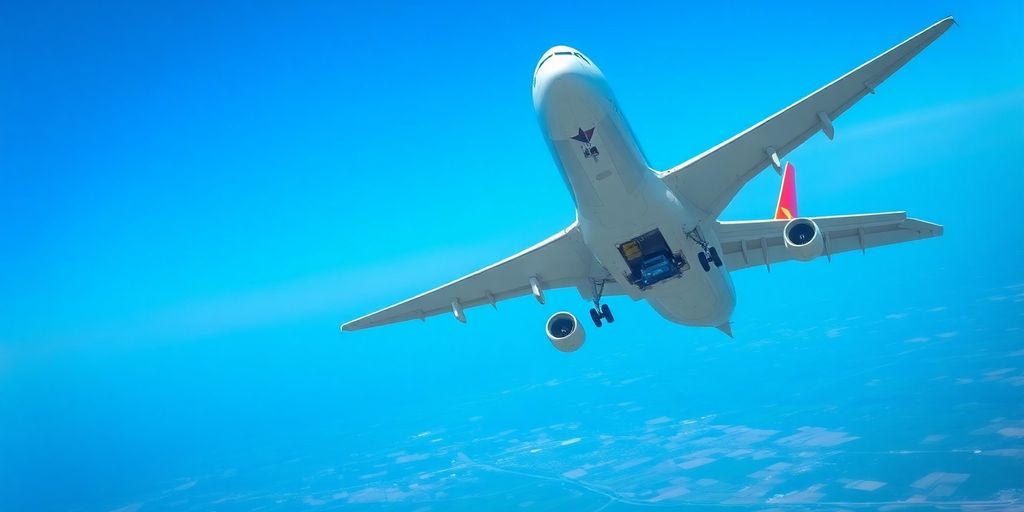 Avião de carga levantando voo em céu azul.