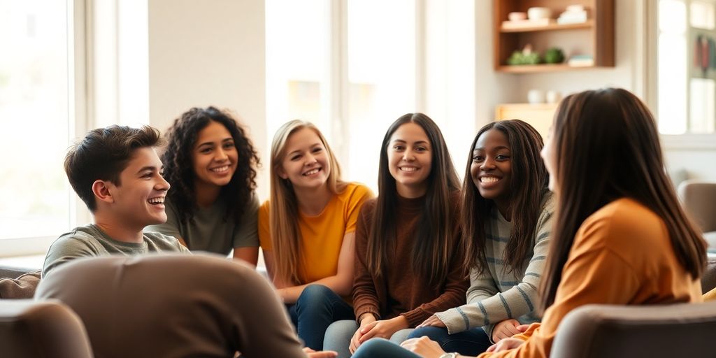 Teens engaged, smiling, talking in group therapy.