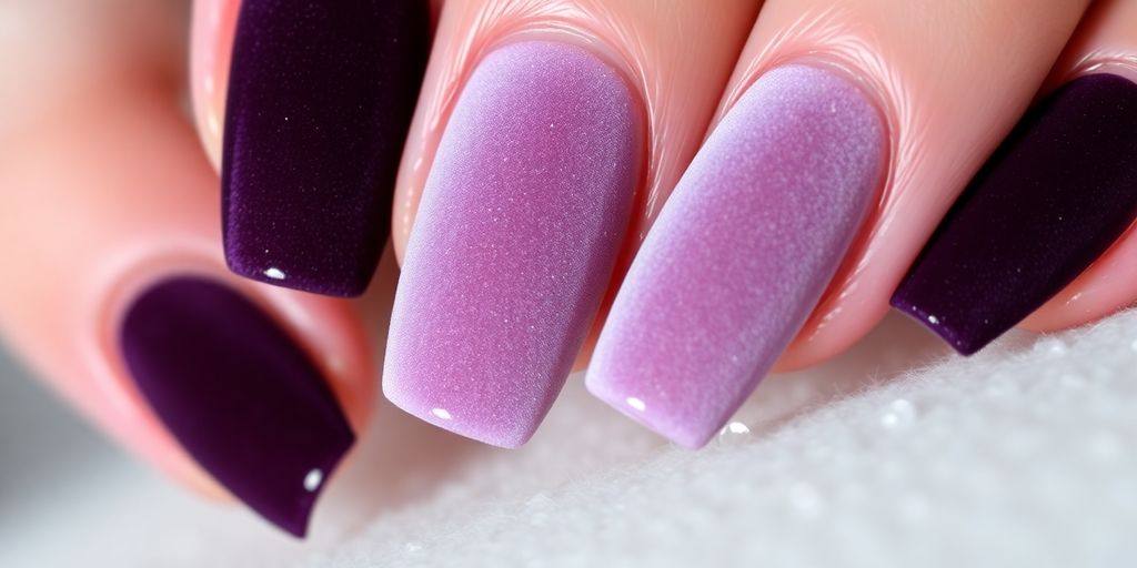 Close-up of elegant velvet nails in rich colors.