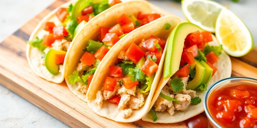 Plate of turkey tacos with toppings and lime wedges.
