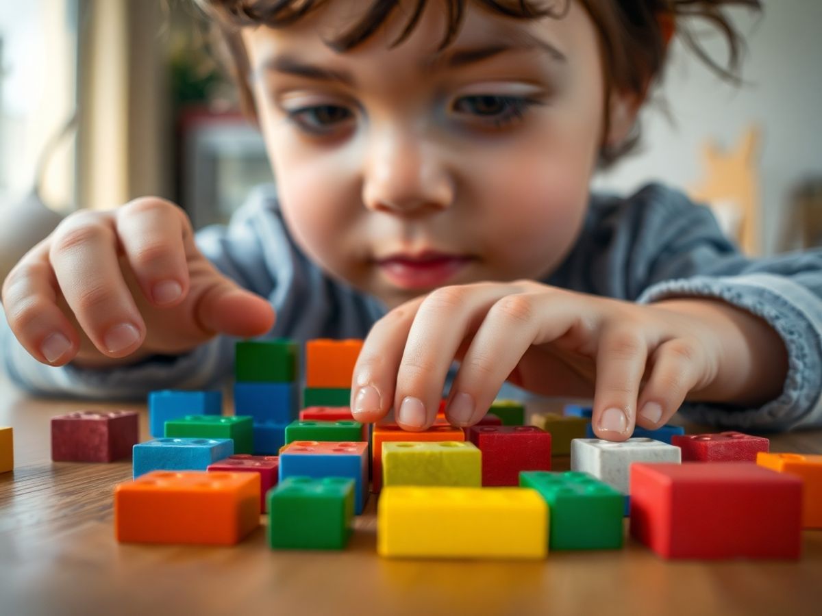 Copil rezolvând probleme, concentrat, cu blocuri colorate.