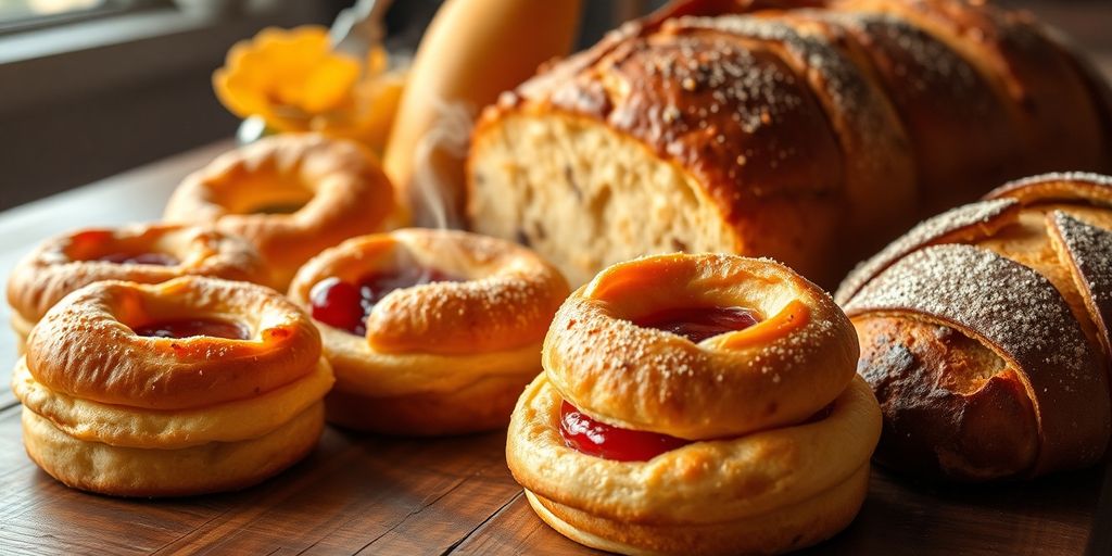 Delicious seasonal pastries and bread on display.