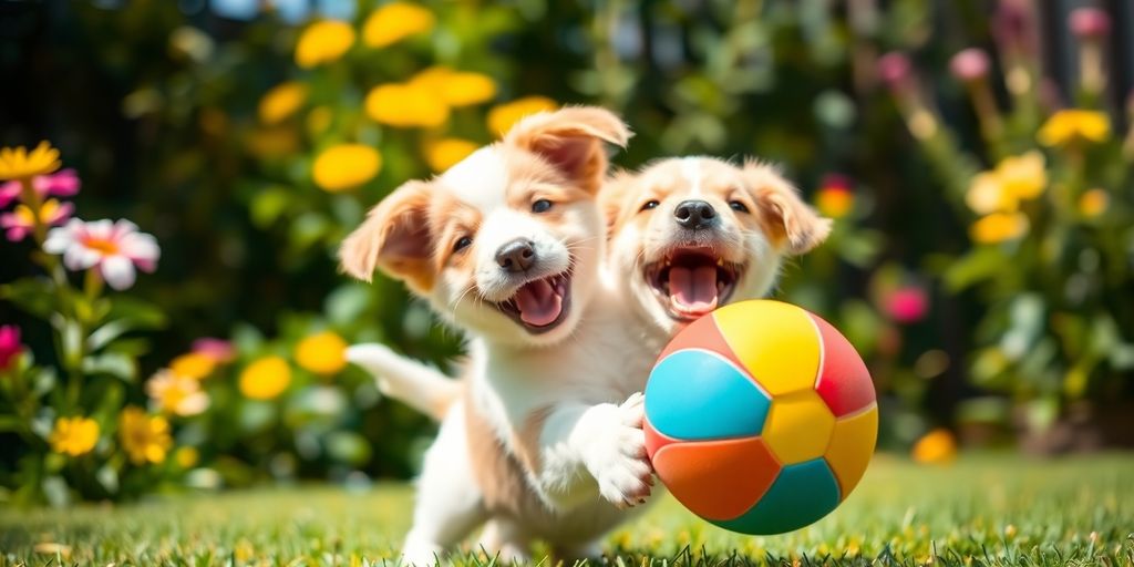 Happy puppy playing with a ball in a sunny garden.