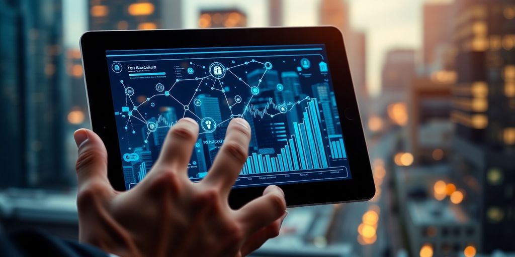 Hands using a tablet with blockchain interface outdoors.