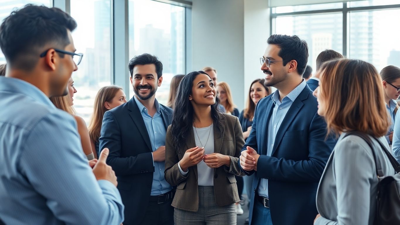 Personas diversas conversando en un evento profesional en Canadá.