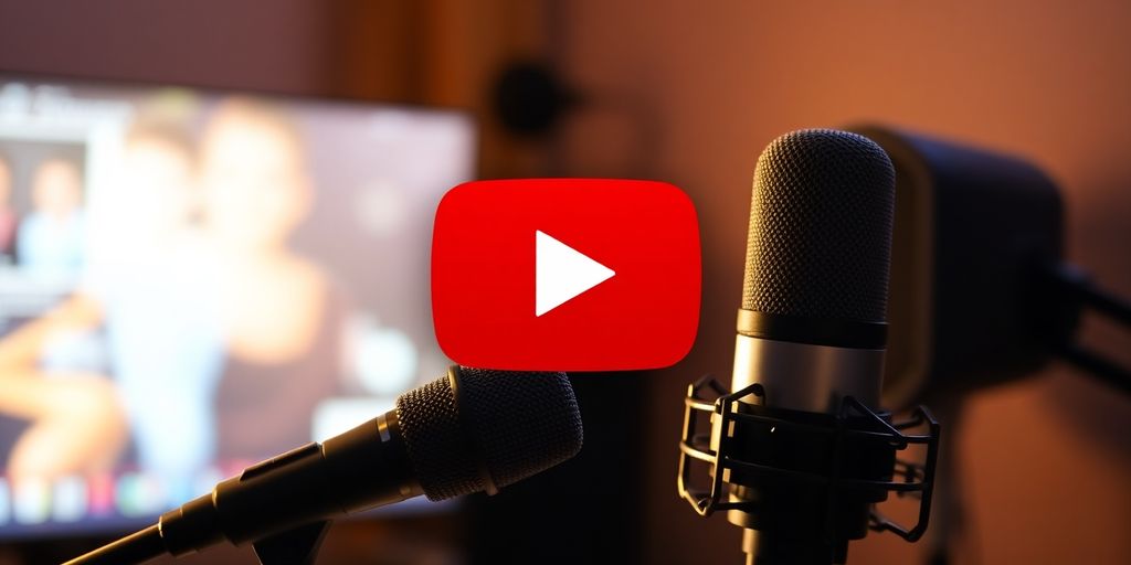 Podcast microphone with YouTube play button.