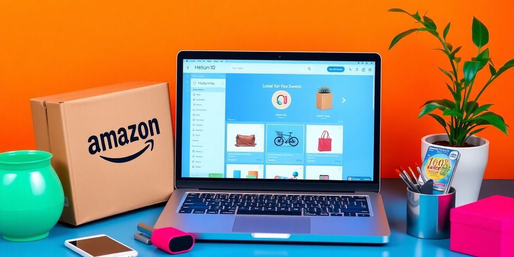 Amazon package and laptop with Helium 10 interface.