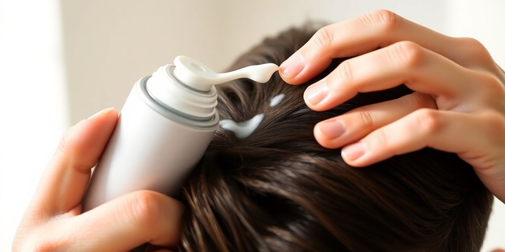Hands applying foam to thinning scalp under soft natural light.
