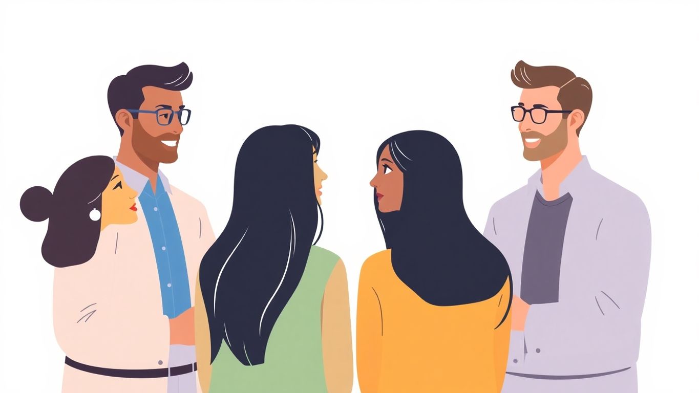 Illustrasjon av personer i samtale, med myke farger.