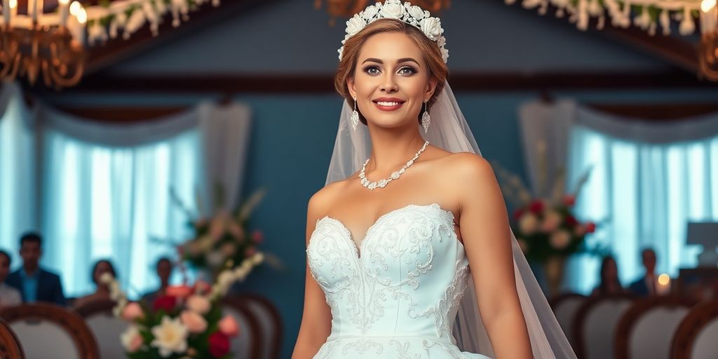 Hochzeitskleid und stilvolle Accessoires auf einem Tisch.