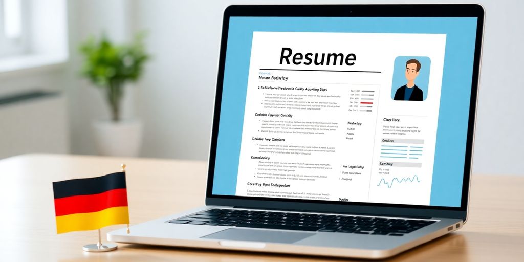 Laptop, German flag, and a professional looking resume