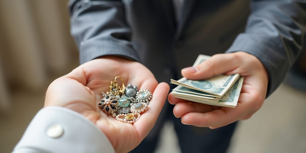Mains échangeant des bijoux et de l'argent.