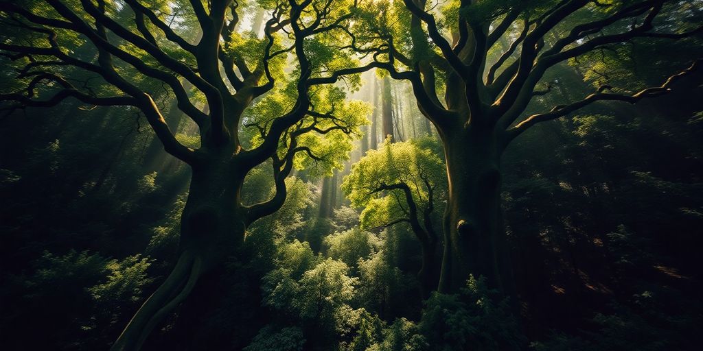 Drone vue d'une forêt ancienne avec des arbres majestueux.