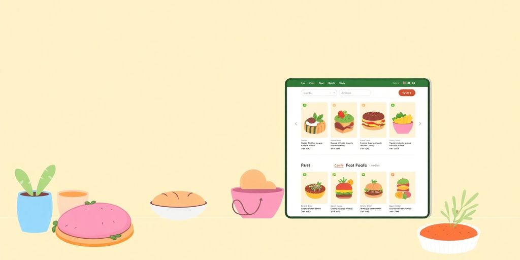 Pastel illustration of food and online store.