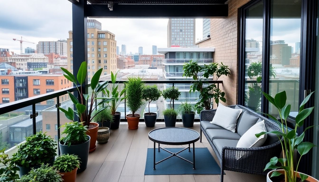 Modern balcony with plants and seating in London flat.