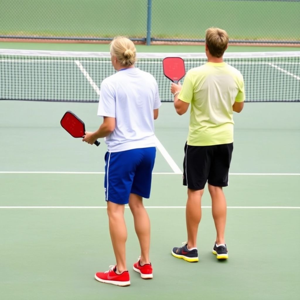 Pickleball players in strategic court positions.