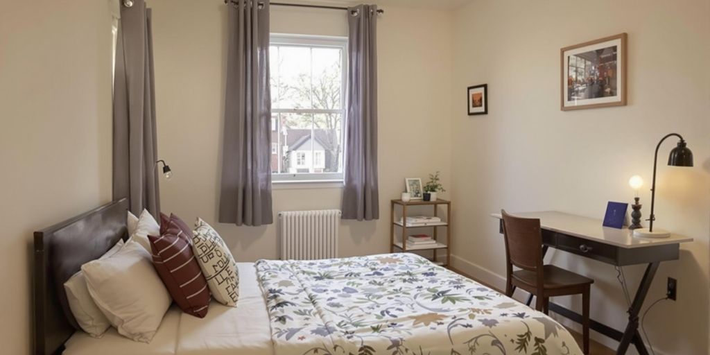 Cozy rental room with bed and desk in Cambridge.