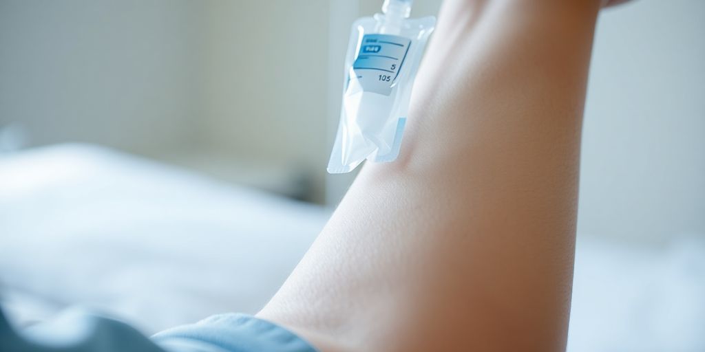 Immune support IV drip in arm with healthy glow.