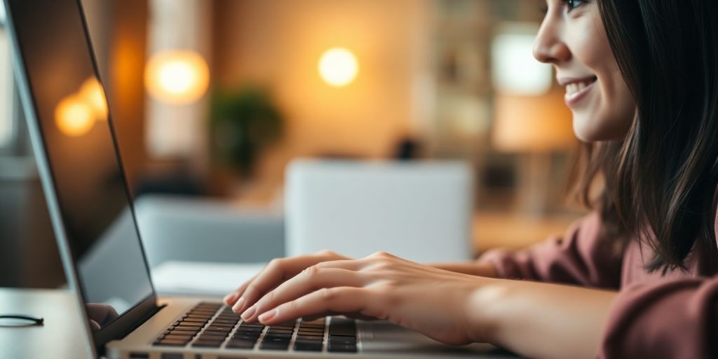 Smiling person typing on a laptop.