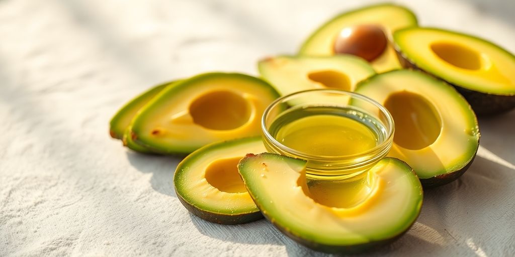 Avocado slices and oil on glowing skin.