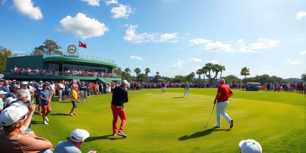 Action-packed PGA golf tournament with players and spectators.
