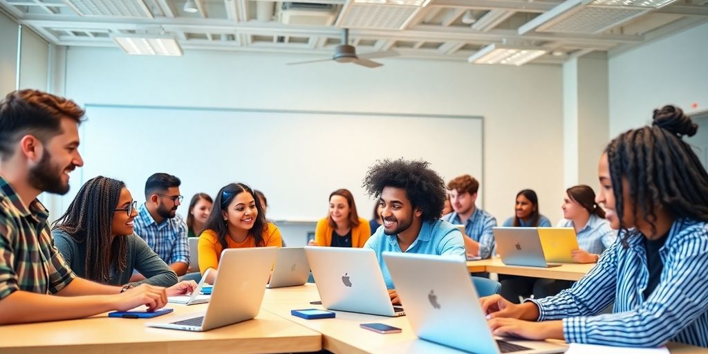 Diverse learners engaged in digital marketing training session.