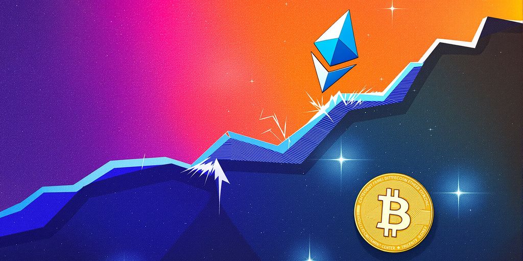 Ethereum symbol rising above Bitcoin symbol.