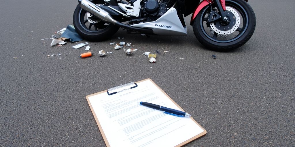 From Crash Scene to Courtroom: Singhtoro Law PA's Step-by-Step Injury Case Strategy 2 Motorcycle accident scene with legal documents.