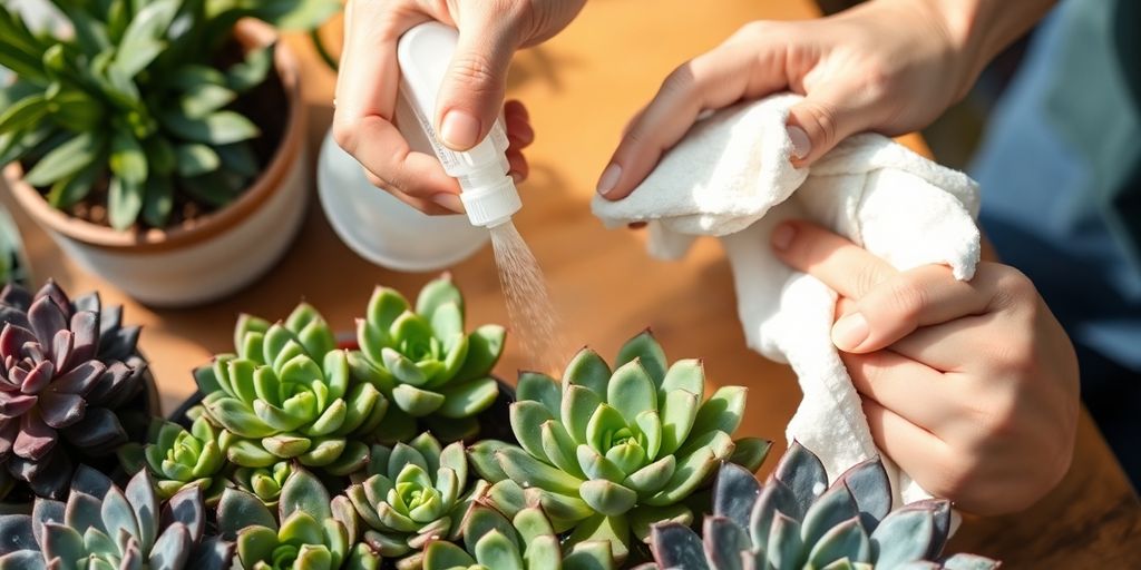 Manos aplicando remedios orgánicos a suculentas.