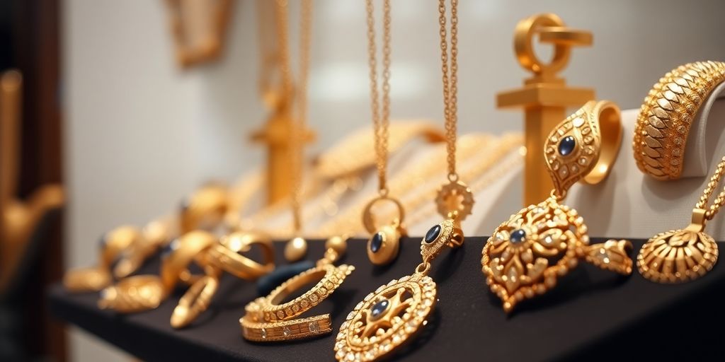 Bijoux en or brillants sur fond flou.
